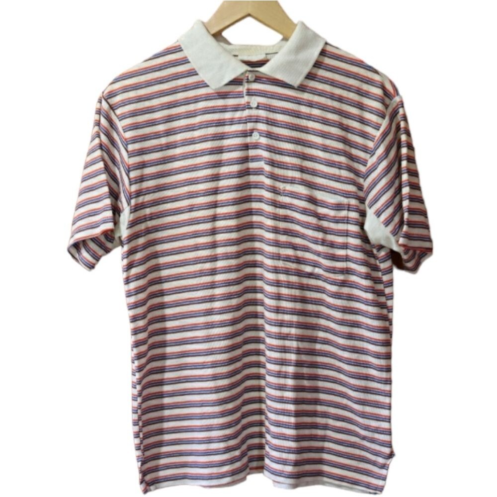 Vintage 1970s Striped Short Sleeve Polo Shirt Bold Color Block Retro Large
